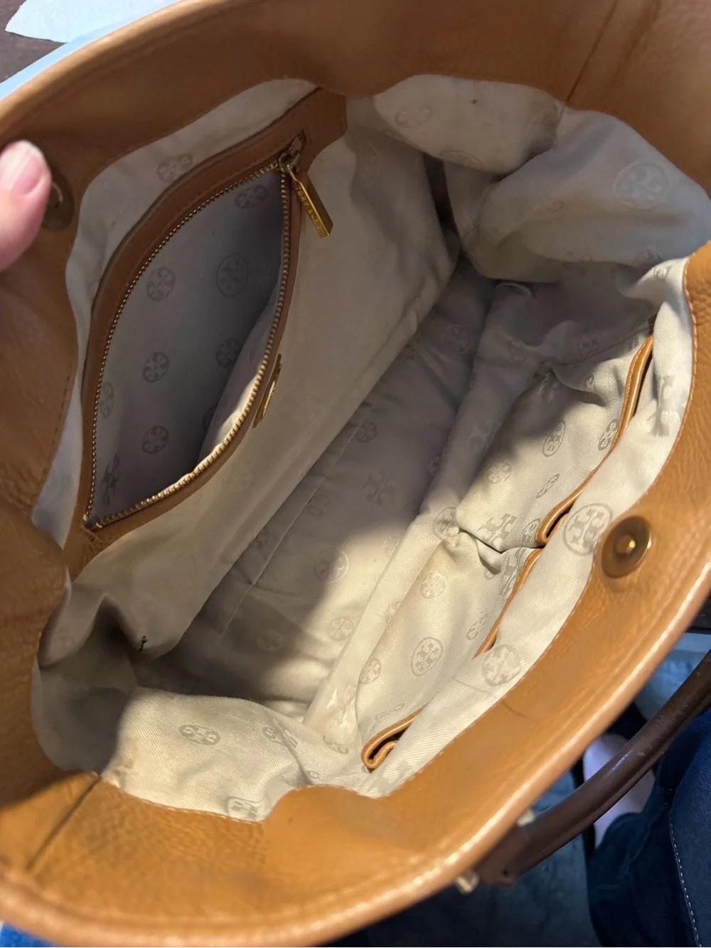 Tory Burch Tan Pebbled Leather Tote with Logo Medallion
